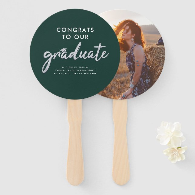 Graduation 2026 Grad Photo Green Silver Script Hand Fan (Front and Back)