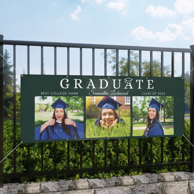 Graduation 2026 Grad Photos Green Script Party Banner (Graduation 2024 Grad Photo Collage Green Banner)