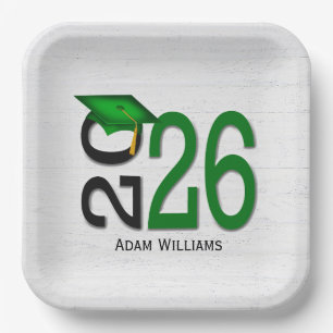 Graduation 2026 Green and Black On Wood Paper Plate
