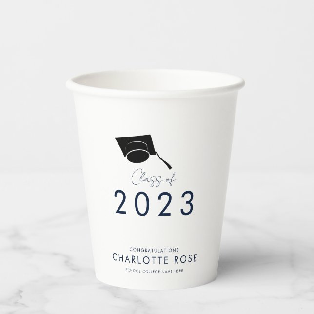 Graduation 2026 Navy Blue Script Grad Party Paper Cups (Front)