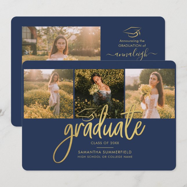 Graduation 2026 Photo Collage Navy Gold Script Announcement (Front/Back)