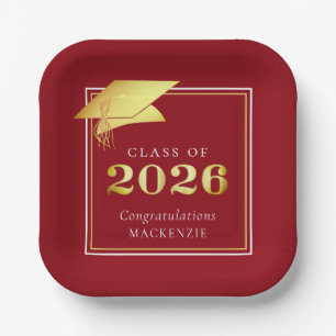 Graduation 2026 Red Faux Metallic Gold Paper Plate