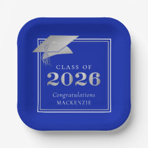 Graduation 2026 Royal Blue Faux Metallic Silver Paper Plate
