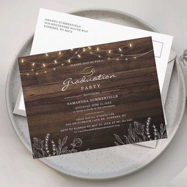 Graduation 2026 Script Grad Party Invitation Postcard (Graduation 2025 Script Grad Party String Lights Invitation Postcard)