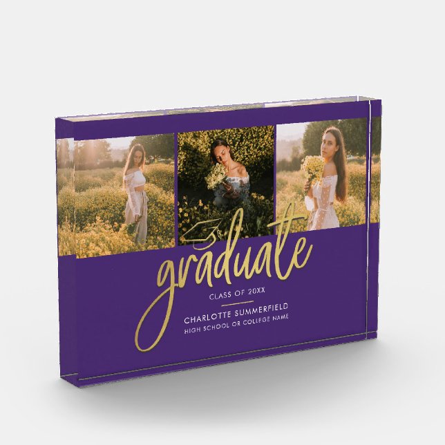 Graduation 2026 Script Purple Graduate Keepsake Photo Block (Left)