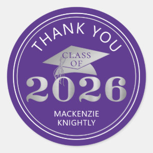 Graduation 2026 Thank You Purple Faux Silver Foil Classic Round Sticker