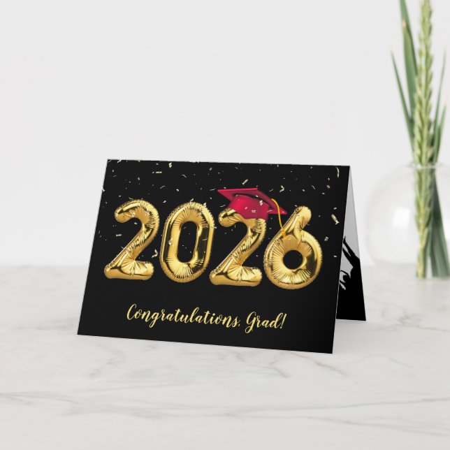 Graduation 2026 With Red Cap and Confetti Card (Front)