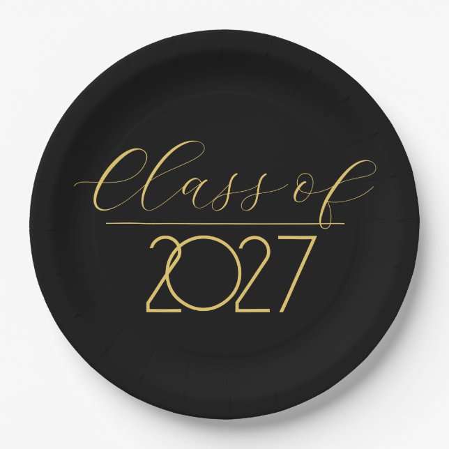 Graduation 2027 Gold On Black Paper Plate (Front)