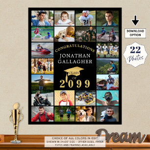 Graduation 22 Photo Collage Congrats Black Gold Poster