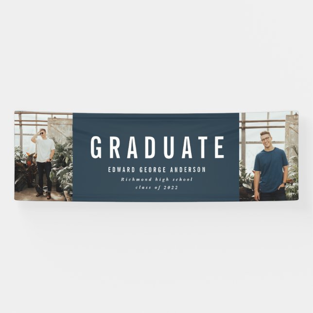 Graduation 2 photo blue and white modern party banner (Horizontal)