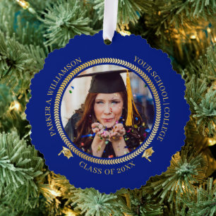 Graduation 2 Photo Blue Gold Grad Cap Class Year Tree Decoration Card