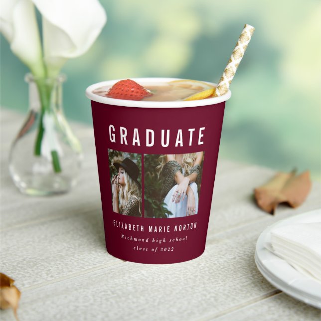 Graduation 2 photo burgundy modern typography paper cups (Insitu)
