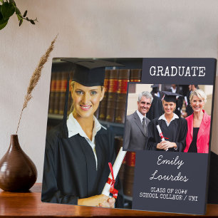Graduation 2 Photo Collage Dark Blue Personalized Plaque