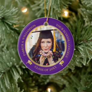 Graduation 2 Photo Purple Gold Grad Cap Class Year Ceramic Tree Decoration