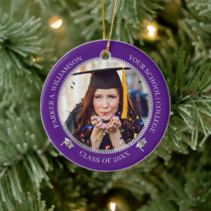 Graduation 2 Photo Purple Silver Grad Cap Year Ceramic Tree Decoration