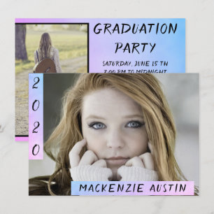Graduation 2 Photo Unicorn Ombre Blue Pink Brush Invitation