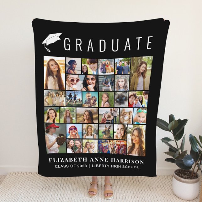 Graduation 30 Photo Collage Black Fleece Blanket (Creator Uploaded)