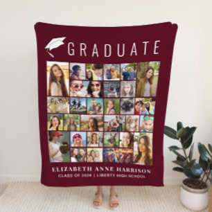 Graduation 30 Photo Collage Burgundy Fleece Blanket
