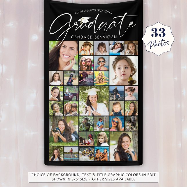 Graduation 33 Photo Collage Script Black White Banner (Creator Uploaded)