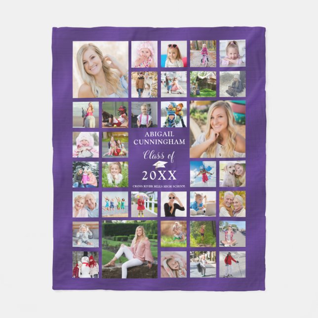 Graduation 35 Photo Collage 2 Tone Textured Purple Fleece Blanket (Front)
