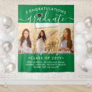 Graduation 3 Photo Collage Green & White Backdrop Tapestry
