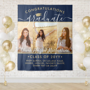 Graduation 3 Photo Collage Large Navy Blue & Gold Tapestry