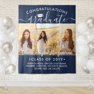 Graduation 3 Photo Collage Navy Blue Backdrop Tapestry