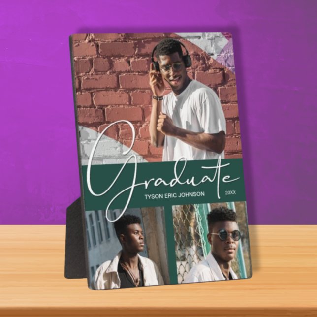 Graduation 3 Photo Collage on Dark Green Plaque (Creator Uploaded)