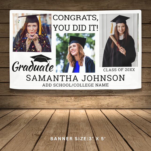 Graduation 3 Photo Congrats Grad 2025 Black White Banner (Graduation 3 Photo Congrats Grad 2025 Black White Banner
)