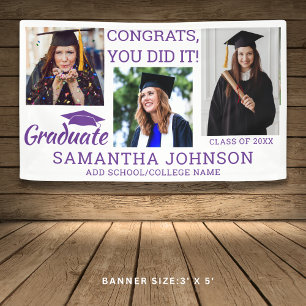Graduation 3 Photo Congrats Grad 2025 Purple White Banner