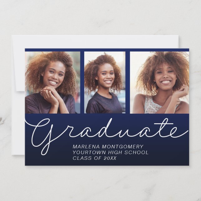 Graduation 3 Photo Elegant Script Party Navy Blue Invitation (Front)
