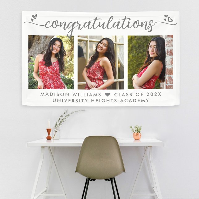 Graduation 3 Photo Modern Grey Calligraphy Hearts Banner (Creator Uploaded)