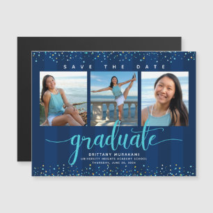 Graduation 3 Photo Navy Blue Save the Date Modern Magnetic Invitation