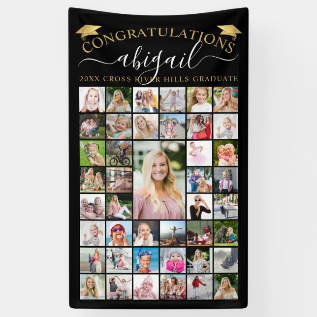 Graduation 43 Photo Collage Script Black Gold  Banner (Vertical)