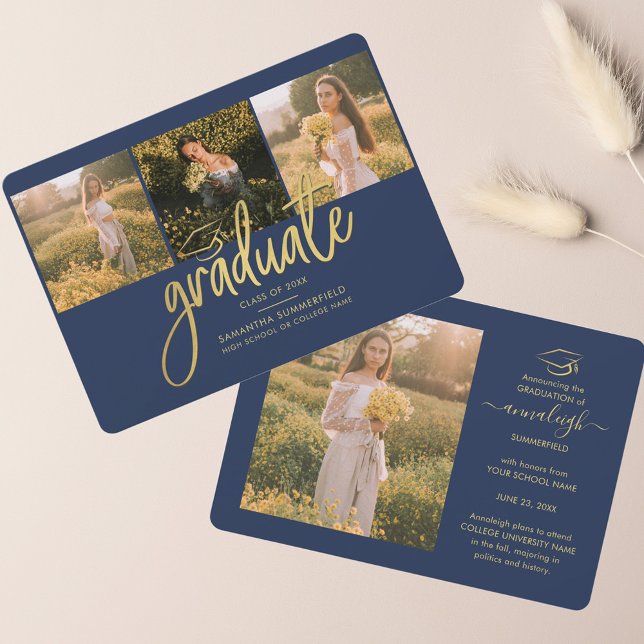Graduation 4 Photo Collage Navy Blue Gold Script Announcement (Graduation 2024 Photo Collage White Gold Navy Blue Script Announcement)