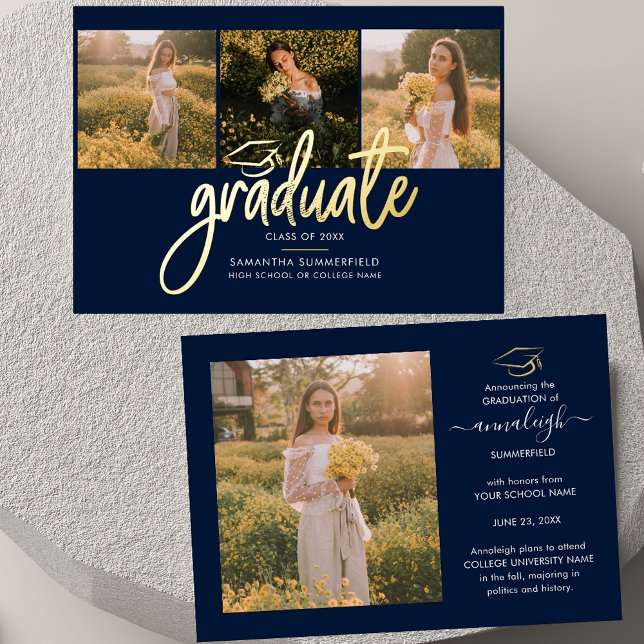Graduation 4 Photo Collage Script Navy Gold (Graduation 2025 Script Photos Gold Foil Announcement)