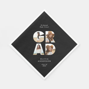 Graduation 4 photo modern personalised black white napkin