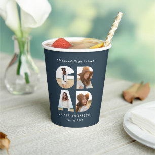 Graduation 4 photo modern personalised navy blue paper cups