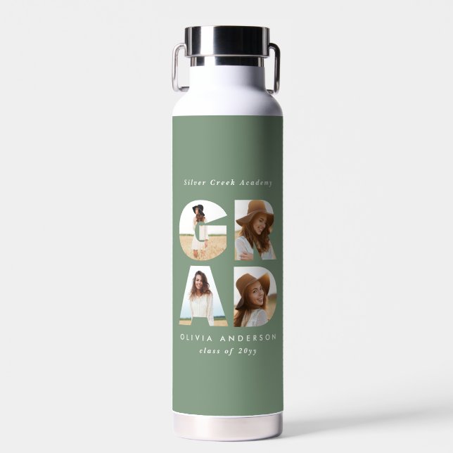 Graduation 4 photo modern personalised sage green water bottle (Front)