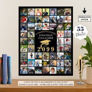 Graduation 55 Photo Collage Black Gold Cap Poster