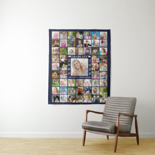 Graduation 55 Photo Collage Navy Blue Backdrop Tapestry