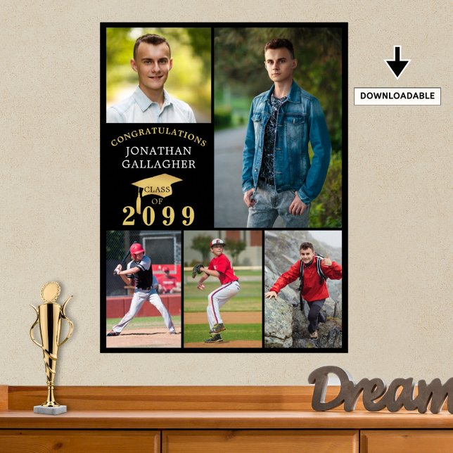 Graduation 5 Photo Collage Black Gold Cap Poster (Creator Uploaded)