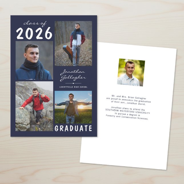 Graduation 5 Photo Handwritten Name Navy Blue Announcement (Creator Uploaded)