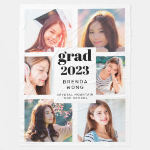 Graduation 6 Photo Collage Black Script White 2021 Fleece Blanket