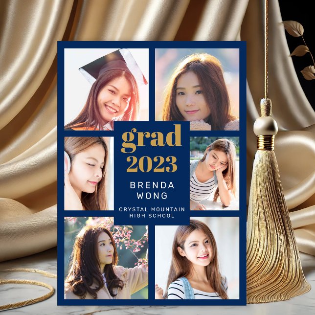 Graduation 6 Photo Collage Gold Script Royal Blue Announcement (Modern Blue Gold 6 Photo Graduation Announcement)
