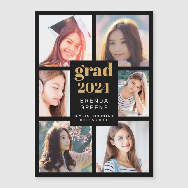 Graduation 6 Photo Collage Gold White Script Black (Front)