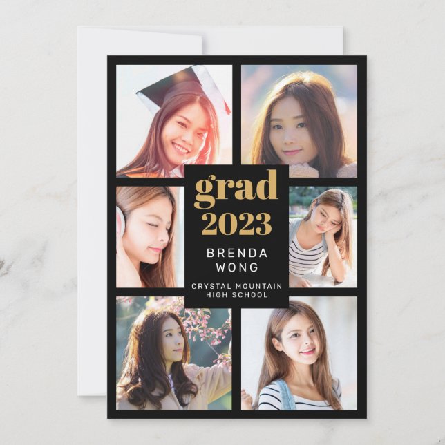 Graduation 6 Photo Collage Gold White Script Black Announcement (Front)