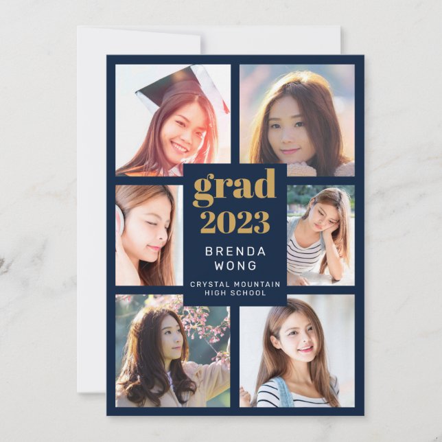 Graduation 6 Photo Collage Gold White Script Blue Announcement (Front)