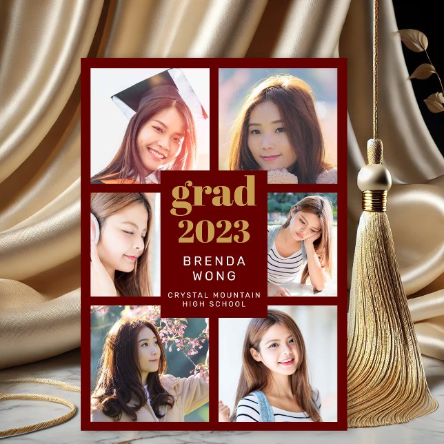 Graduation 6 Photo Collage Gold White Script Red Announcement (Modern Six Photo Maroon Graduation Announcement with Gold and White Typograohy)