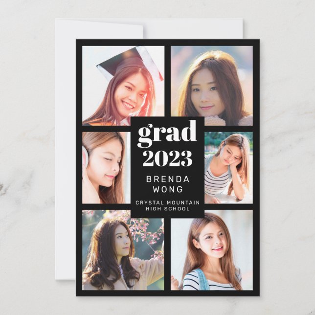 Graduation 6 Photo Collage White Script Black Announcement (Front)